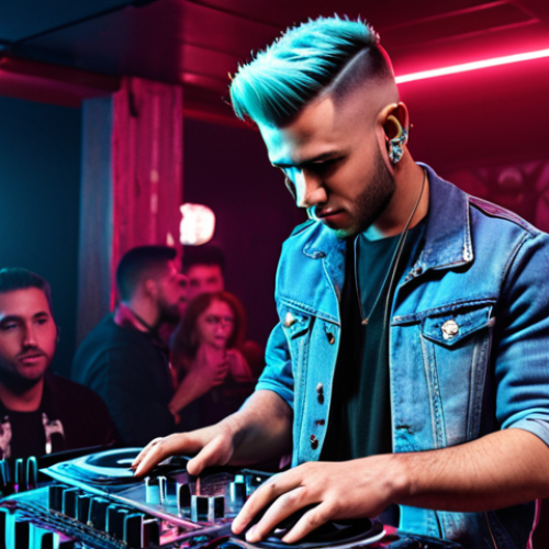 Home 4 **Prompt:** "A stylish man with a modern fade haircut in an urban setting, DJing with cool confidence in a trendy club."