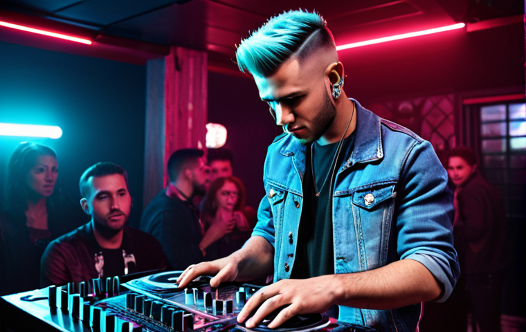 **Prompt:** "A stylish man with a modern fade haircut in an urban setting, DJing with cool confidence in a trendy club."