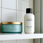 **

"Elegant, simple hair product bottle on a clean bathroom shelf, soft natural lighting, fully clothed, appropriate content, safe for work, professional product photography, focus on the bottle and its design, modest, high quality."

**