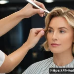 헤어디자이너 경력 10년 차 이야기 - **Prompt:** A close-up, high-definition studio portrait of a French female hairstylist, mid-30s, wit...