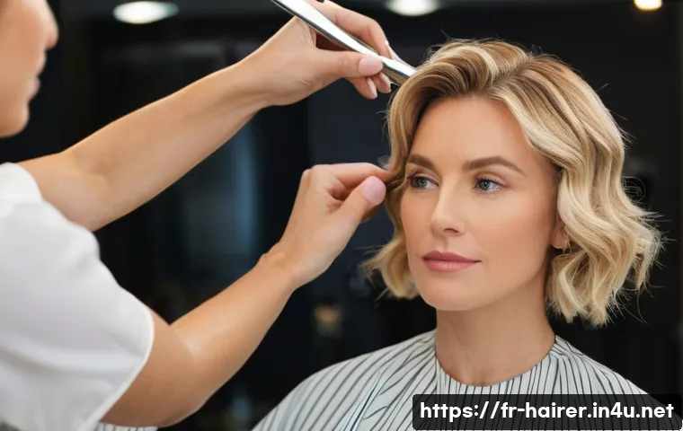 헤어디자이너 경력 10년 차 이야기 - **Prompt:** A close-up, high-definition studio portrait of a French female hairstylist, mid-30s, wit...