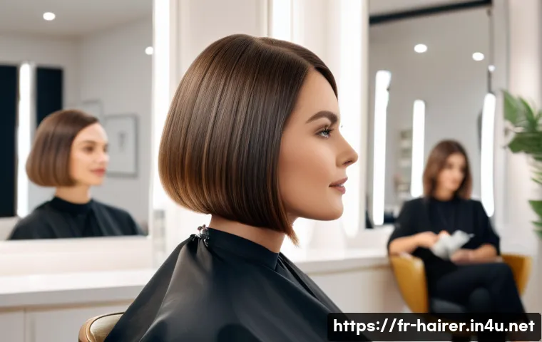 헤어디자이너 여성 헤어스타일링 - A stylish hair salon scene featuring a French woman with an oval face shape, showcasing a modern asy...