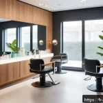 헤어디자이너 고충 해결 방법 - A serene hair salon interior designed for optimal ergonomic comfort: a professional hairstylist seat...