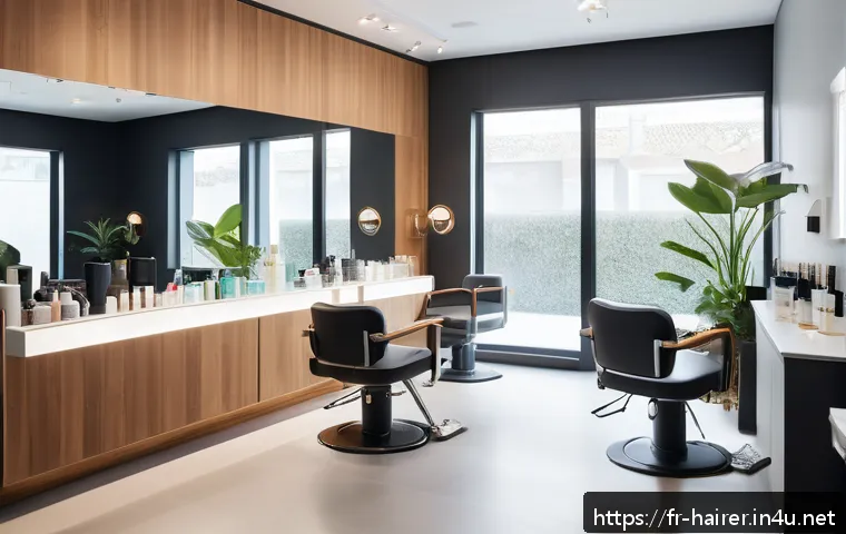 헤어디자이너 고충 해결 방법 - A serene hair salon interior designed for optimal ergonomic comfort: a professional hairstylist seat...