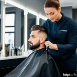 헤어디자이너 민간자격증 종류 - A modern professional hair salon scene in France featuring a young female hairstylist wearing stylis...