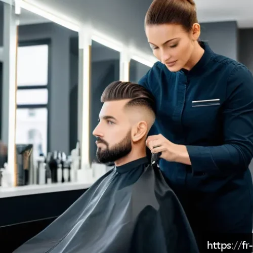 헤어디자이너 민간자격증 종류 - A modern professional hair salon scene in France featuring a young female hairstylist wearing stylis...