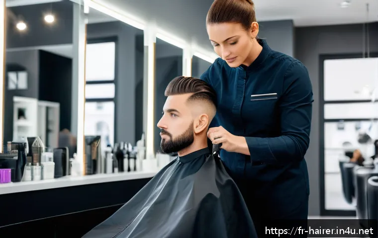 헤어디자이너 민간자격증 종류 - A modern professional hair salon scene in France featuring a young female hairstylist wearing stylis...