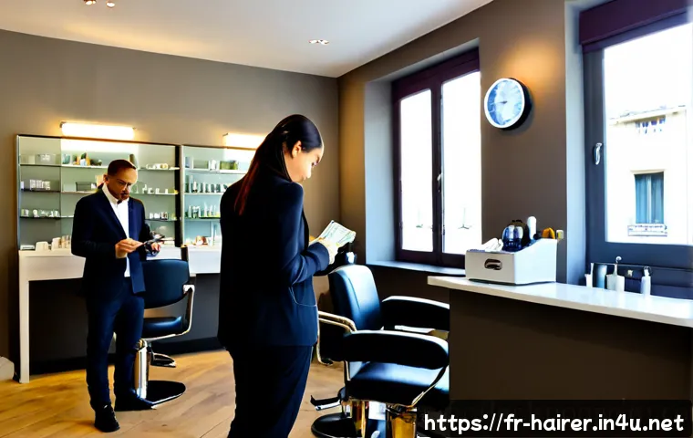 헤어디자이너 샵 창업 비용 - Photorealistic wide-angle view of a newly opened independent hair salon in a French city, elegant ne...